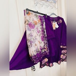 Purple Floral Embroidered Dress Set 3 pc